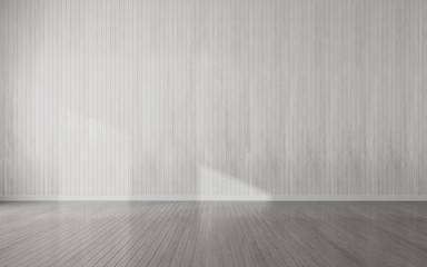 3D stimulate image of wood empty room with sun light cast shadow on the laminate wall and plank floor,Perspective of minimal architecture. 3D rendering