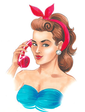 Pretty pin-up styled woman talking on the retro telephone. Ink and watercolor illustration