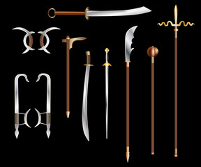 Chinese edged weapons - colored vector set on black background
