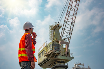 worker stevedore foreman, engineering, loading master talks to crane driver by walkie talkie for...