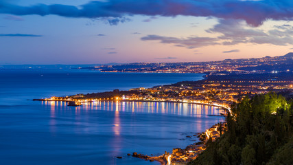Fototapeta na wymiar Aerial sunset view of coast of Sicily near Taormina, Italy.