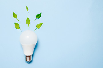 Led lamp with leaves on a blue background. Green energy efficiency concept. Top view.