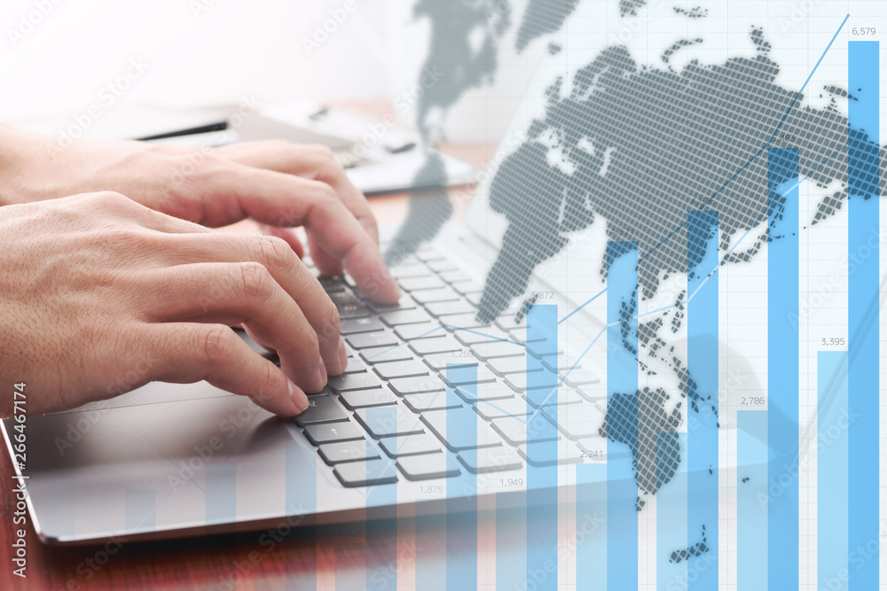 Poster global business analytics. businessman analyzing data.growth graph, world map and laptop.