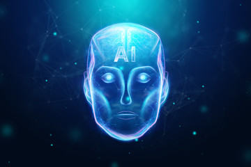 Blue Hologram robot head, artificial intelligence on blue background. Concept neural networks, autopilot, robotization, industrial revolution 4.0. 3D illustration, 3D rendering.