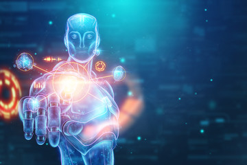 Blue Hologram of a robot, cyborg, artificial intelligence on a blue background. Concept neural networks, autopilot, robotization, industrial revolution 4.0. 3D illustration, 3D rendering.