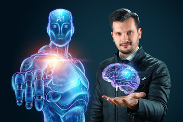 Man and robot together shoulder to shoulder, cyborg on a blue background, artificial intelligence. Autopilot concept, robotization, industrial revolution 4.0.