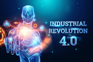 Blue Hologram of a robot, cyborg on a blue background, the inscription Industrial Revolution 4.0. The concept of autopilot, robotization, artificial intelligence. 3D illustration, 3D rendering.