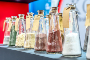 Chemical reagents in glass jars.