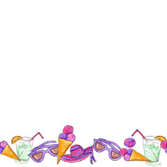 Seamless watercolor pattern on summer, the place for the signature. Ice cream, lemonade, a hat, points, objects for summer holiday. A frame from objects