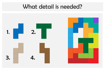 Fototapeta premium Puzzle game with colorful details for children, choose needed detail, easy level, education game for kids, preschool worksheet activity, task for development of logical thinking, vector illustration