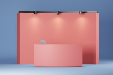 Pink empty wall with lamps on top. Office reception with a laptop. Mock up. 3d rendering