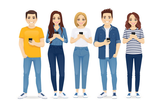 Beautiful young people in casual clothes with gadgets. Students use mobile phones vector illustration isolated