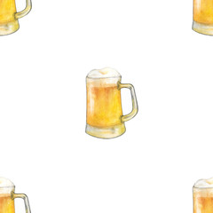 swamless pattern with watercolor beer. Alcohol drinks ornament.Oktoberfest template 