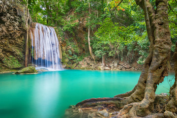 Naklejka premium Waterfall beautiful (erawan waterfall) in kanchanaburi province asia southeast asia Thailand 