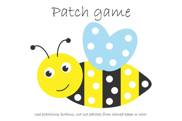 Education Patch game bee for children to develop motor skills, use plasticine patches, buttons, colored paper or color the page, kids preschool activity, printable worksheet, vector illustration - 266471127