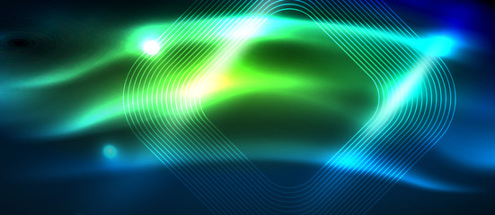Neon glowing techno lines, hi-tech futuristic abstract background template with square shapes