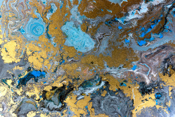Blue marbling pattern. Golden marble liquid texture.
