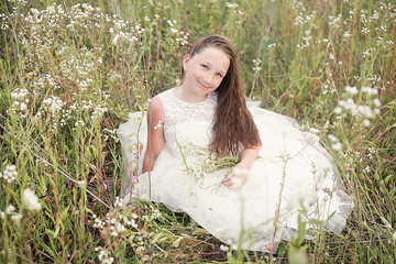 red-haired girl in a white dress walks across the field. Portrait of a red-haired girl with...
