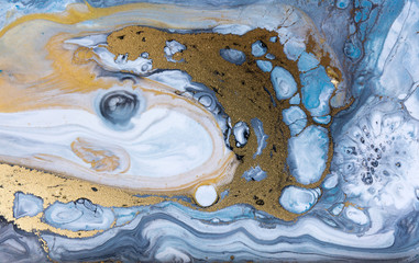 Blue marbling pattern. Golden marble liquid texture.