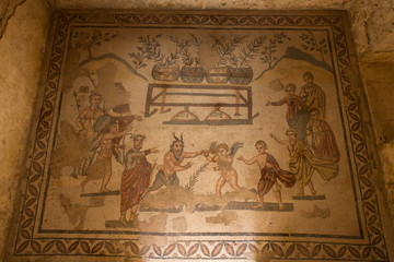 Antechamber of a cubiculum decorated with a contest between Pan and Eros. Villa Romana del Casale, Roman villa designated as a UNESCO World Heritage Site