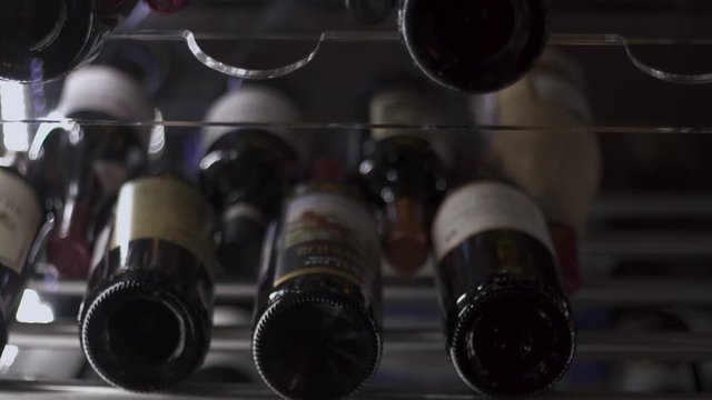 Stand with bottles of wine in the restaurant. Stand with wine bottles without logos in the frame