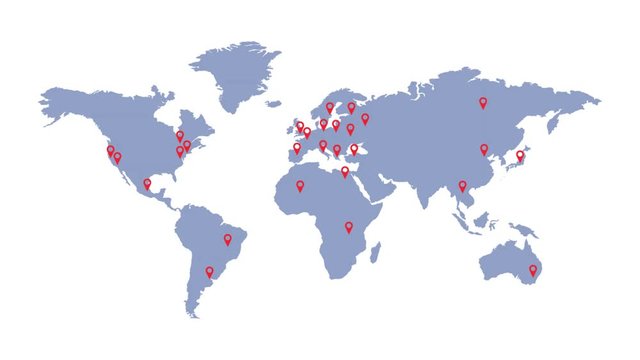 World map with geolocation markers. Global communication. Delivery and logistics.