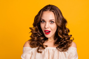 Close up photo charming sweet lovely astonished teen teenager impressed incredible information different gossip rumor open mouth bright pomade modern outfit off-shoulders isolated vibrant background