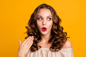 Close up photo modest girlish teen teenager astonished discount impressed incredible information...