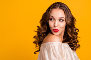 Fototapeta premium Close up photo of pretty cute lady get incredible wonderful messages latest news impressed astonished idea plan interested novetly trendy dressed modern outfit isolated on colorful yellow background