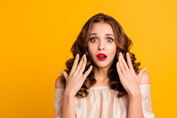 Close-up portrait of her she nice attractive gorgeous lovely devastated grumpy desperate terrified miserable wavy-haired lady isolated over bright vivid shine yellow background