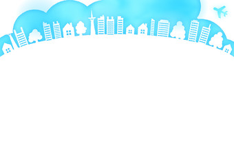 青空と飛行機と木と家の水彩風フレーム枠