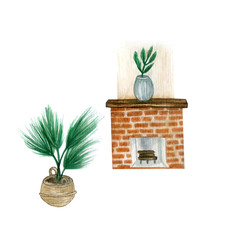 watercolor illustration of decor elements. Brick fireplace and vases