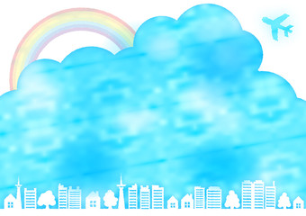 青空虹と飛行機と木と家の水彩風フレーム枠