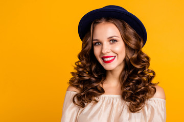 Close-up portrait of nice-looking attractive perfect winsome lovely magnificent stunning pretty cheerful cheery wavy-haired lady isolated over bright vivid shine yellow background