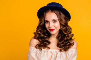 Close-up portrait of her she nice-looking attractive perfect winsome lovely sweet stunning pretty glamorous cheerful wavy-haired lady isolated over bright vivid shine yellow background