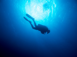 Silhouette of a scuba diver in a clear blue sea