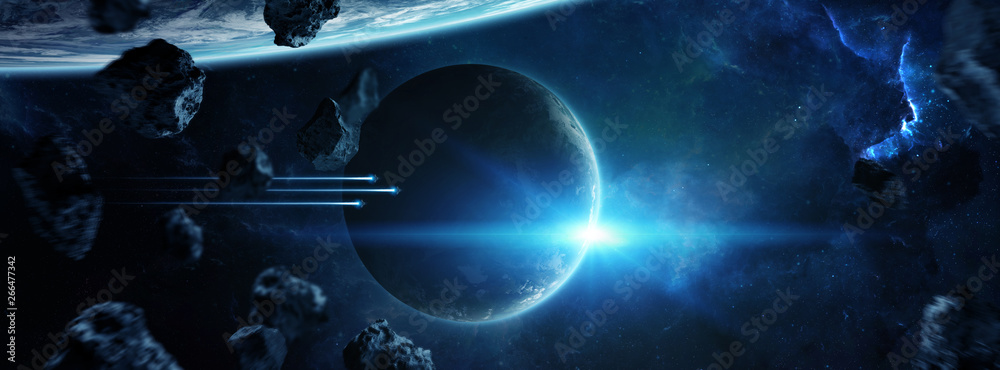 Poster Distant planet system in space with exoplanets 3D rendering elements of this image furnished by NASA