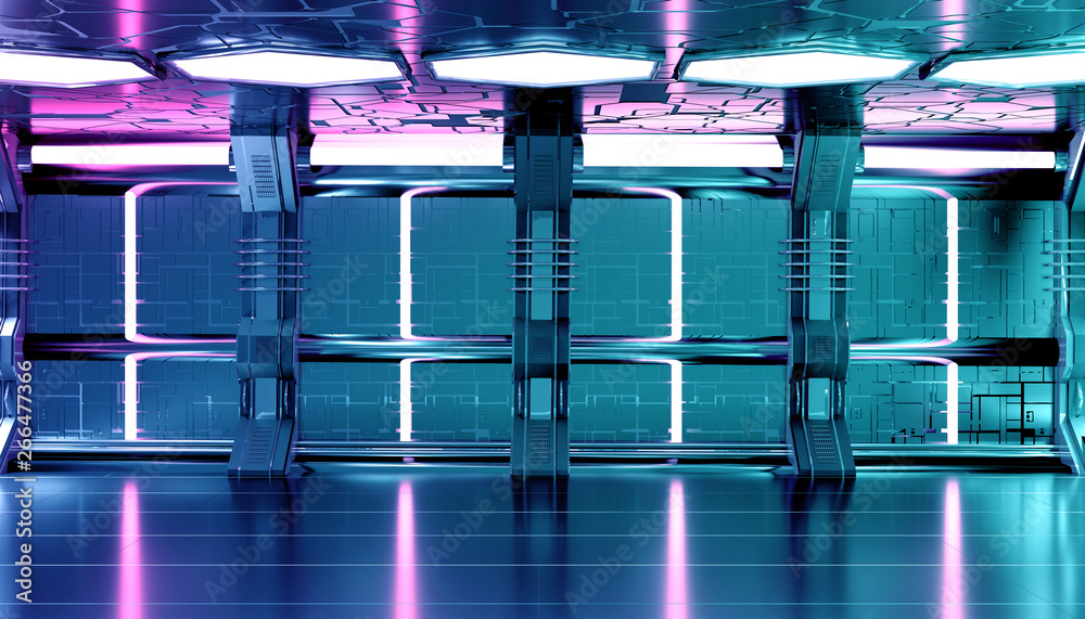 Poster dark blue pink spaceship futuristic interior with tech wall panel 3d rendering