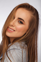 Naklejka premium Portrait of a beautiful blonde woman. Studio photo session