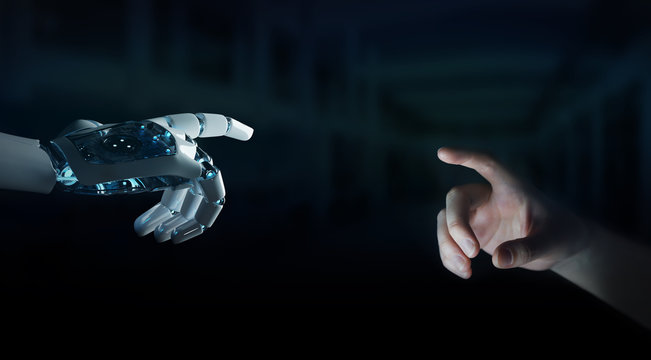 Robot hand making contact with human hand on dark background 3D rendering
