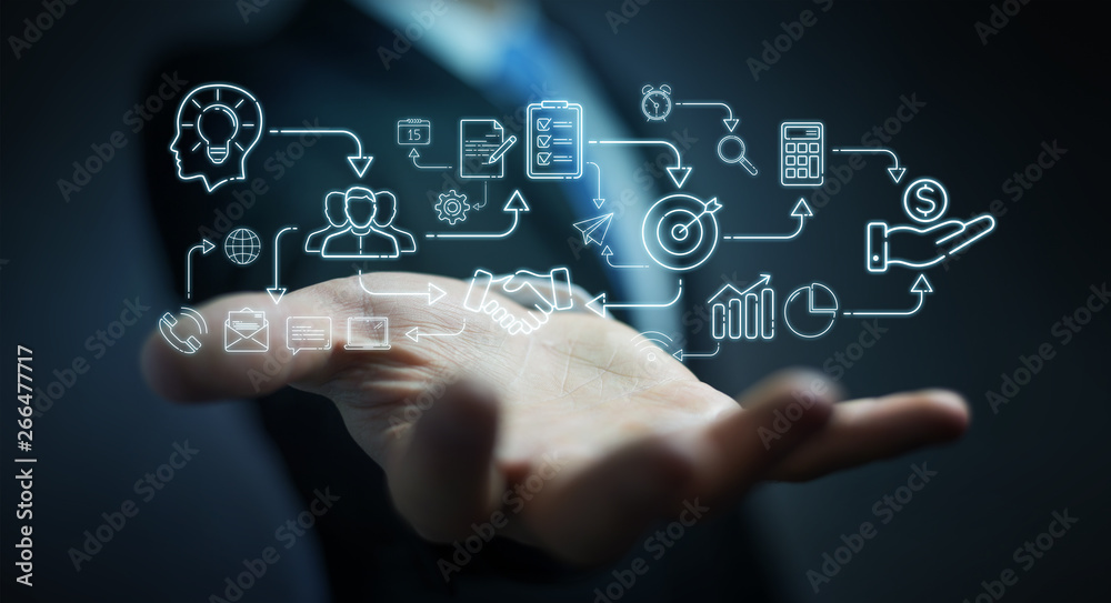 Poster businessman using thin line icon project plan presentation