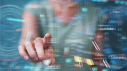 Woman using digital technological interface with datas 3D rendering