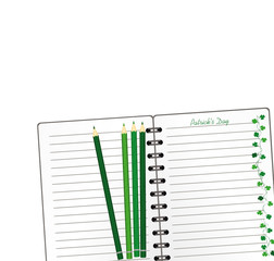 Notebook with template hand-drawn Green festive bunting with clover and pencil. Irish holiday - Happy St. Patrick's Day with a garland of three-leaf. Greeting card on holiday. Vector.