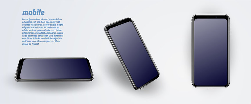 Mock Up Phone With Blank Screen. Isolated Vector Illustration. Black Smartphone At Different Angles