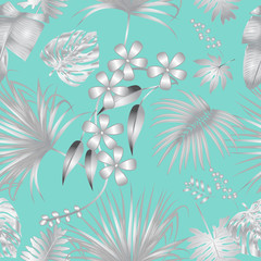 Fototapeta na wymiar Vector seamless pattern with silver tropical leaves on tiffany blue background.