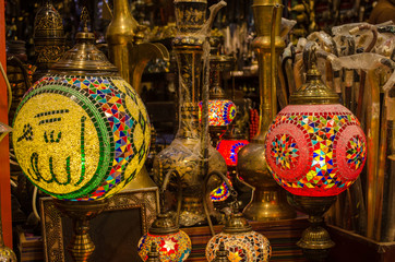 Ramadan Lanterns with the inscription of Allah, in a dusty shop in Muttrah Souq, Muscat, Oman.