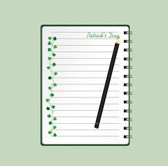 Notebook with template hand-drawn Green festive bunting with clover and pencil. Irish holiday - Happy St. Patrick's Day with a garland of three-leaf. Greeting card on holiday. Vector.