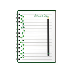 Notebook with template hand-drawn Green festive bunting with clover and pencil. Irish holiday - Happy St. Patrick's Day with a garland of three-leaf. Greeting card on holiday. Vector.