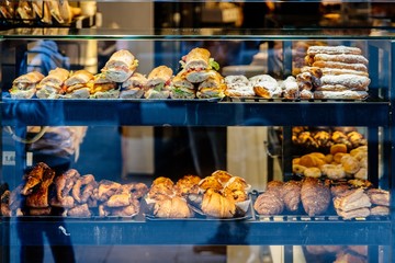 Delicious fresh sandwiches and sweet croissants and buns