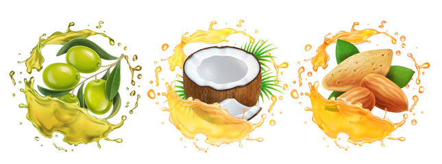 Oils set. Coconut, olive, almond oil splashes realistic collection
